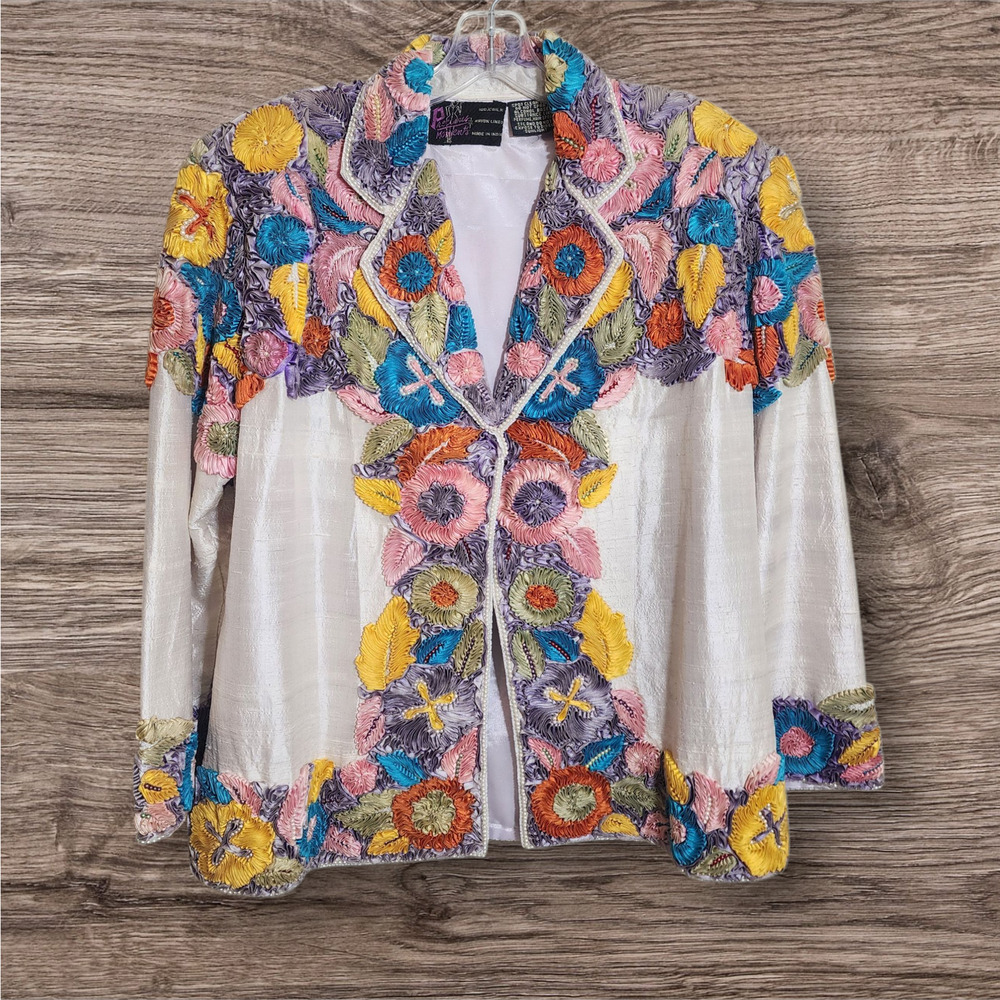 Precious Moments vintage 100% silk ribbon‎ and beaded blazer woman's size M / L